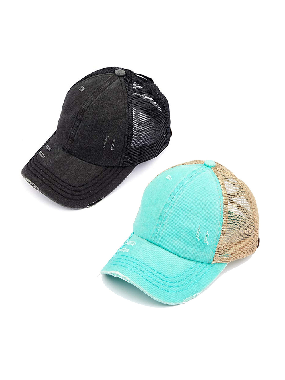 Criss Cross Ponytail Cap, Messy Bun Distressed | 2 Packs, Black, Mint | Size OS